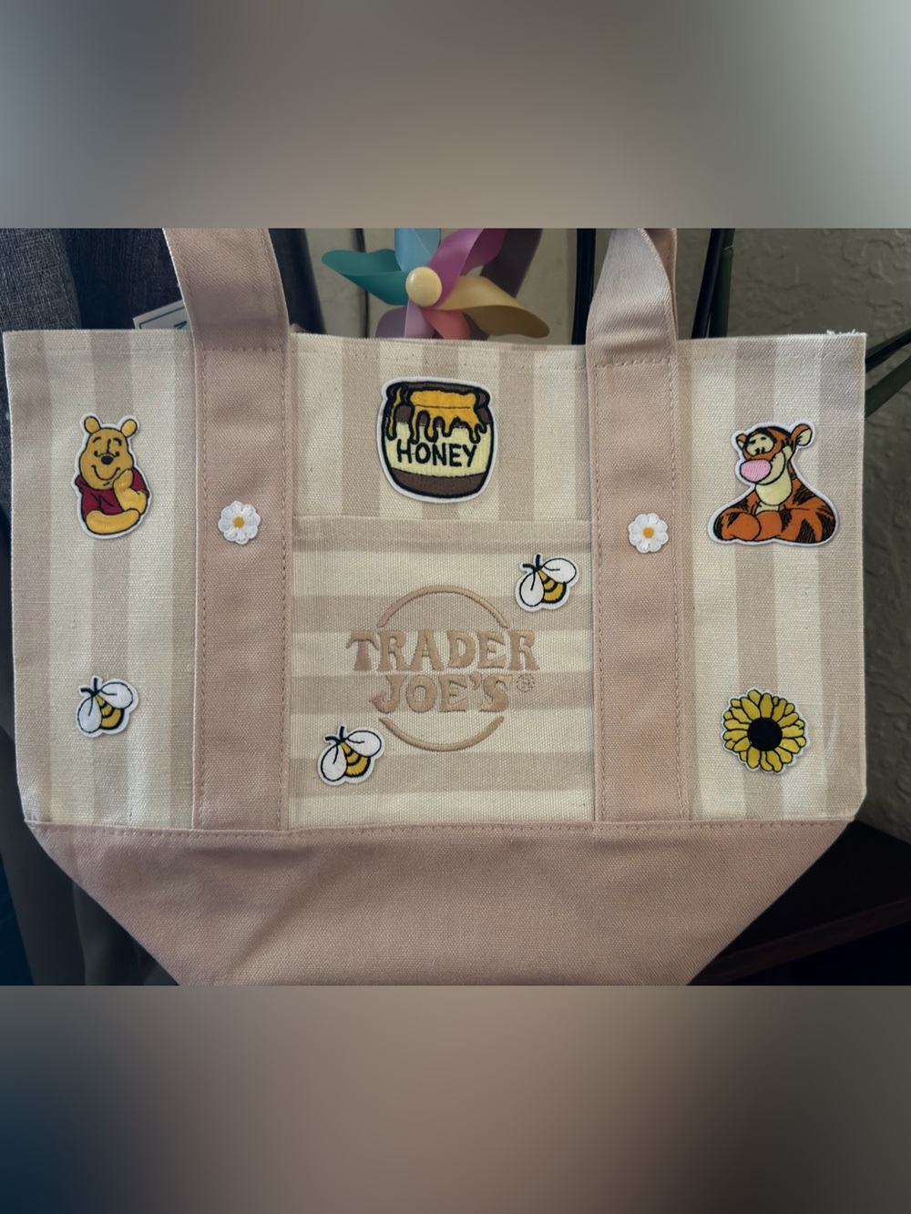Trader Joe's Beige & Cream Striped Tote with Winnie-the-Pooh Patches - Picture 6 of 7